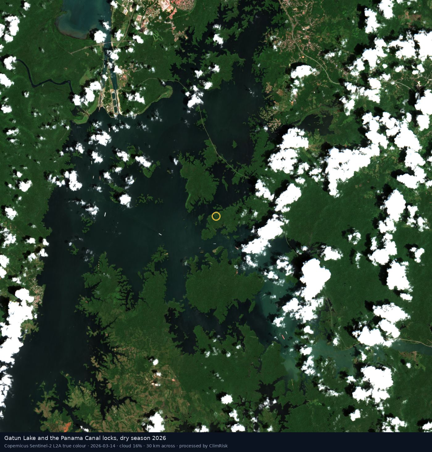 Gatún Lake and the Gatún Locks, 14 March 2026, Sentinel-2 true colour. This is a dry-season baseline taken when ACP storage was above normal, not a drought scene. Source: Contains modified Copernicus Sentinel-2 data (2026), via AWS Earth Search.