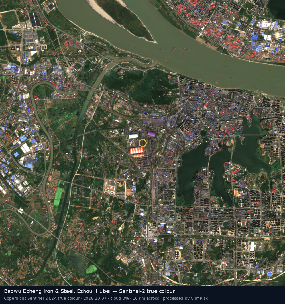 Baowu Echeng Iron & Steel, Ezhou, Hubei, Sentinel-2 true colour, 7 October 2026. Contains modified Copernicus Sentinel-2 data (2026), via AWS Earth Search