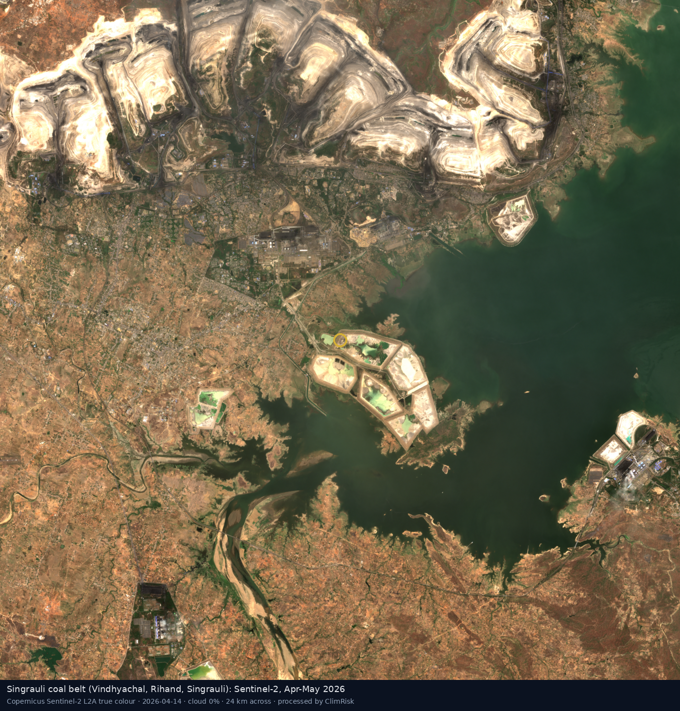 Sentinel-2 true-colour scene of the Singrauli coal belt, Madhya Pradesh and Uttar Pradesh, 14 April 2026. Contains modified Copernicus Sentinel-2 data (2026), via AWS Earth Search.